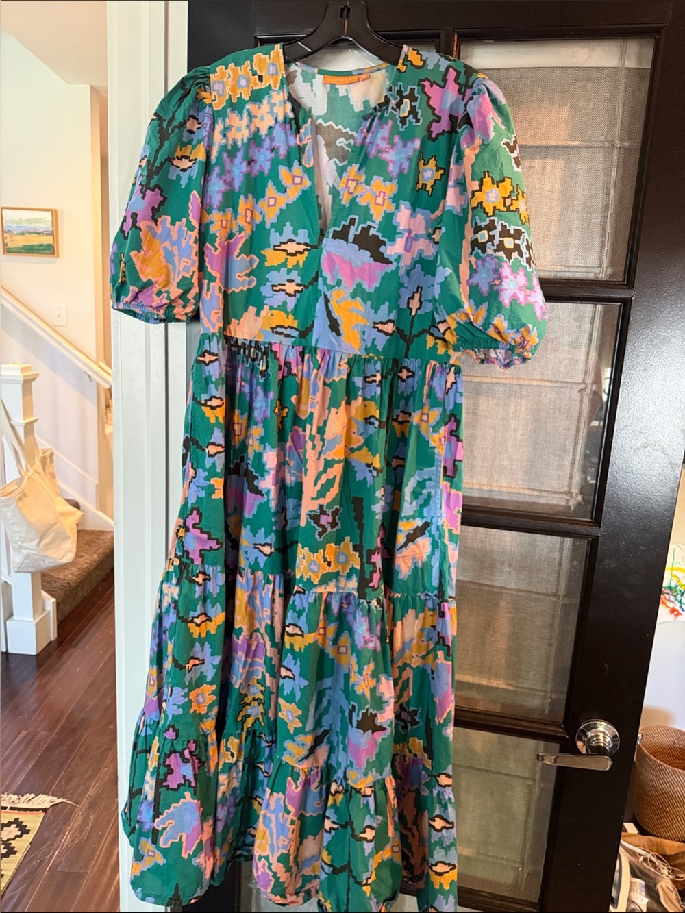 Oliphant Green Floral Abstract Tiered Midi Dress